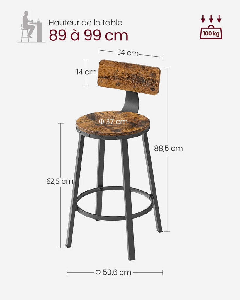 Set di 4 sgabelli da bar/sgabelli alti con schienale sedute da cucina struttura in acciaio montaggio facile seduta alta 625 cm stile industriale marrone 12_0006193
