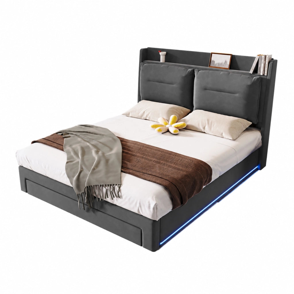Letti contenitori 140x190 cm; sollevamento idraulico e luci LED; velluto; grigio scuro (Senza materasso)