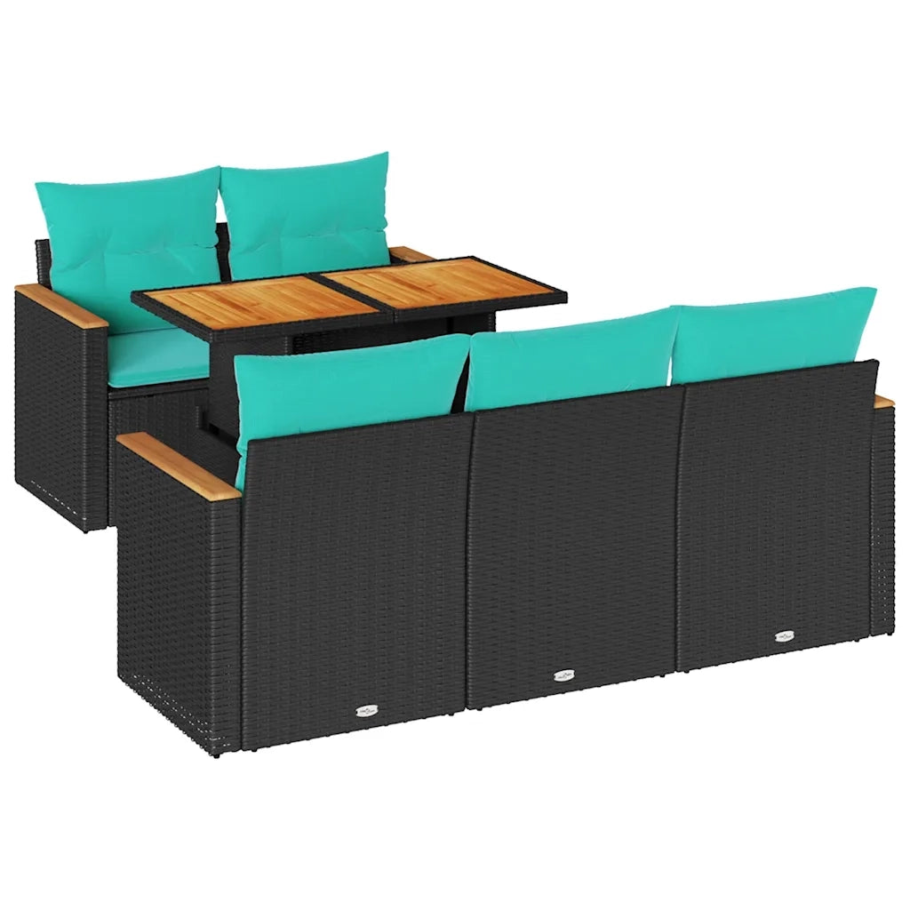 Set Divano da Giardino 6 pz con Cuscini Nero in Polyrattan