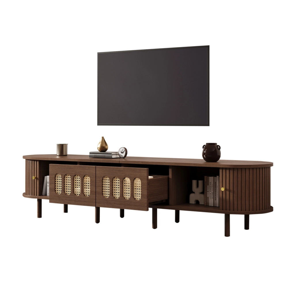 Mobile porta TV con 2 cassetti e 2 ante avvolgibili, fronti in rattan, per soggiorno, in MDF, noce, 180 × 40 × 40 cm