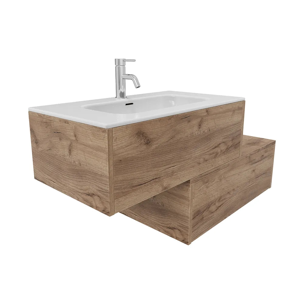Mobile bagno sospeso modulare 70cm due cassetti apertura push&pull rovere gransasso con lavabo | Galdor