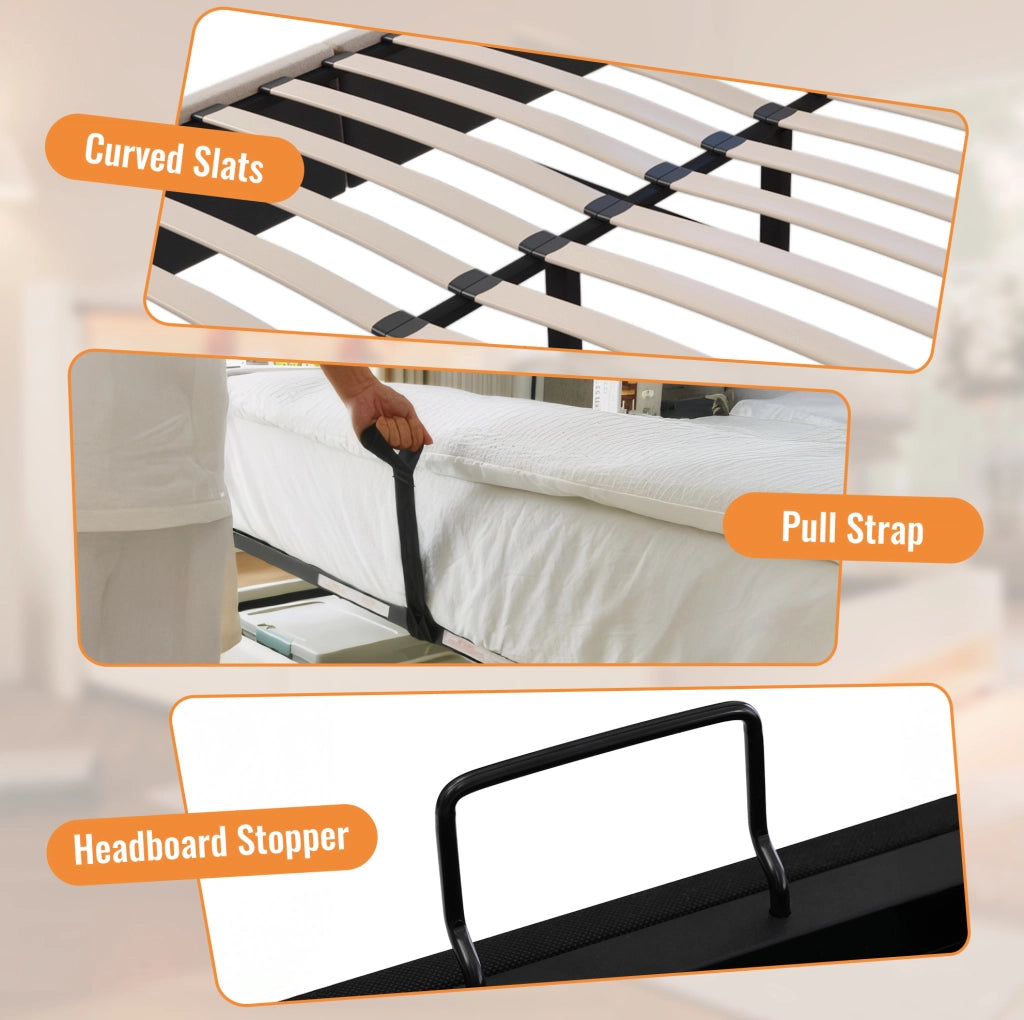 Letto matrimoniale imbottito 140x200 cm con contenitore; porta bicchieri e ricarica USB; lino grigio con materasso