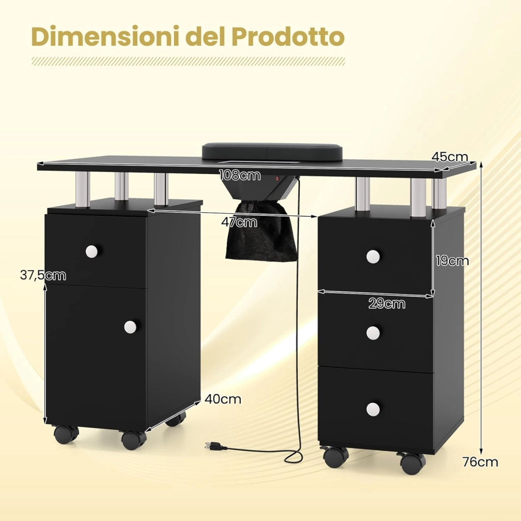 Tavolo Manicure con Aspirapolvere, Tavolo Unghie con Cassetti, Spina, 3 Sacchetti, Armadietto, Cuscino Poggia Polso e 8 Ruote blocabili, Banco Ricostruzione Unghie in Legno (Nero)