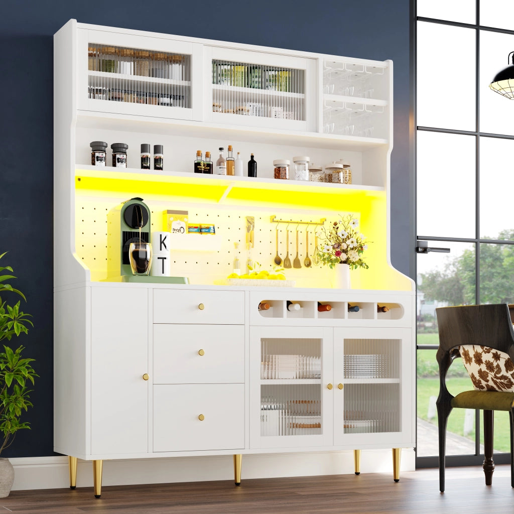 Credenza da Cucina con 1 Cassetto; 3 Ripiani Regolabili; Porta Scorrevole in Vetro e LED; in MDF; Bianco