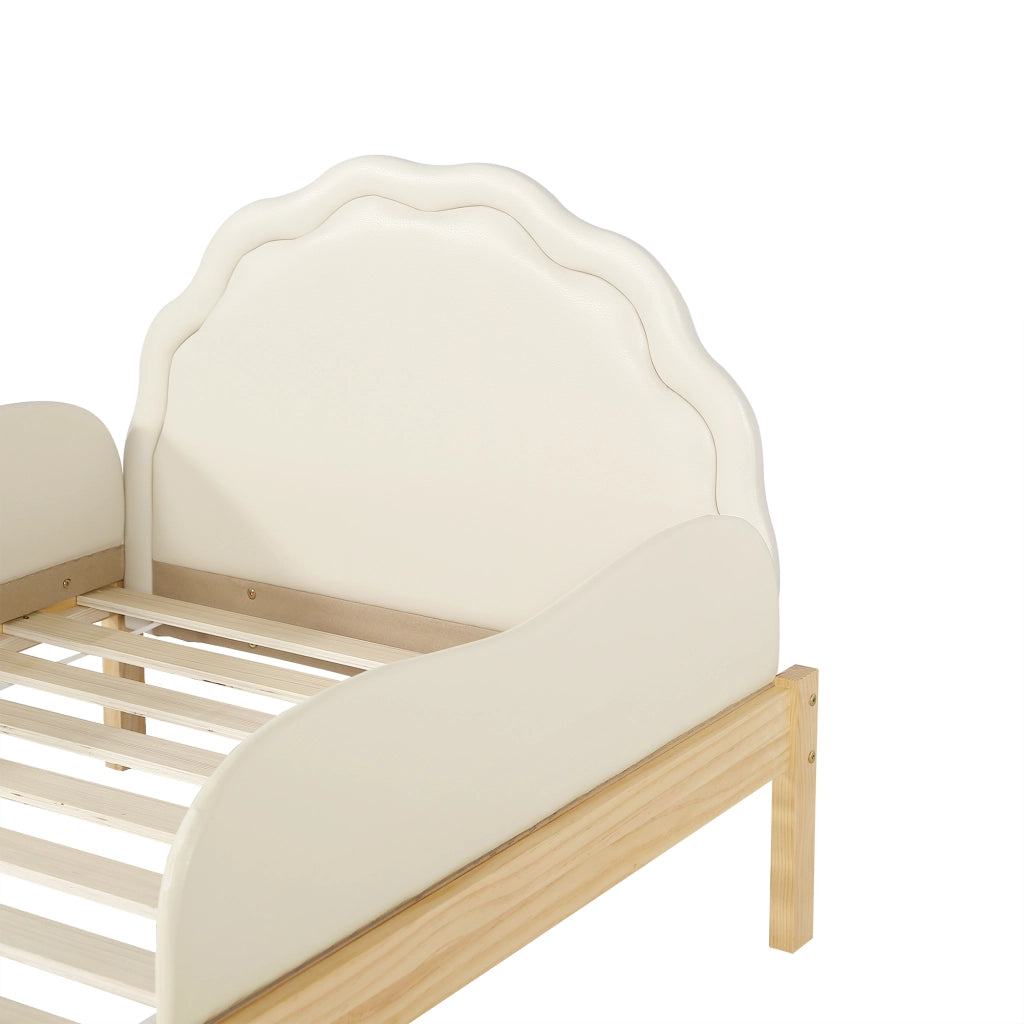 Letto per bambini 90x200 cm, testiera imbottita in PU, sponde laterali, colore legno naturale e beige