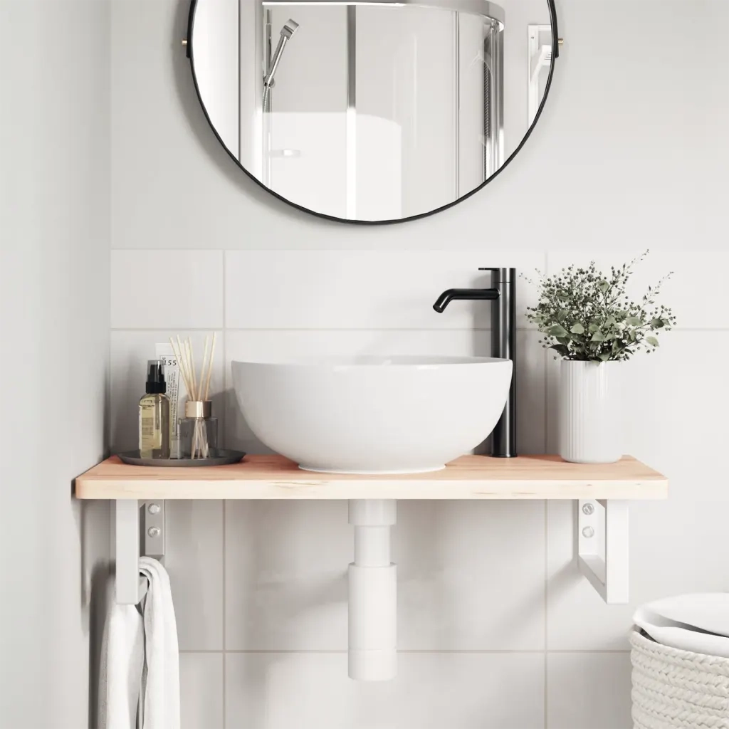 Ripiano a Parete per Lavabo-Mensole a Muro in Acciaio e Massello di Faggio 889814