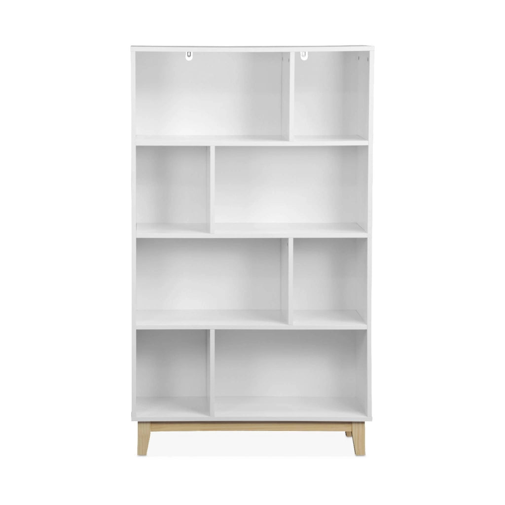 Libreria effetto legno con gambe in legno e 4 ripiani, bianco