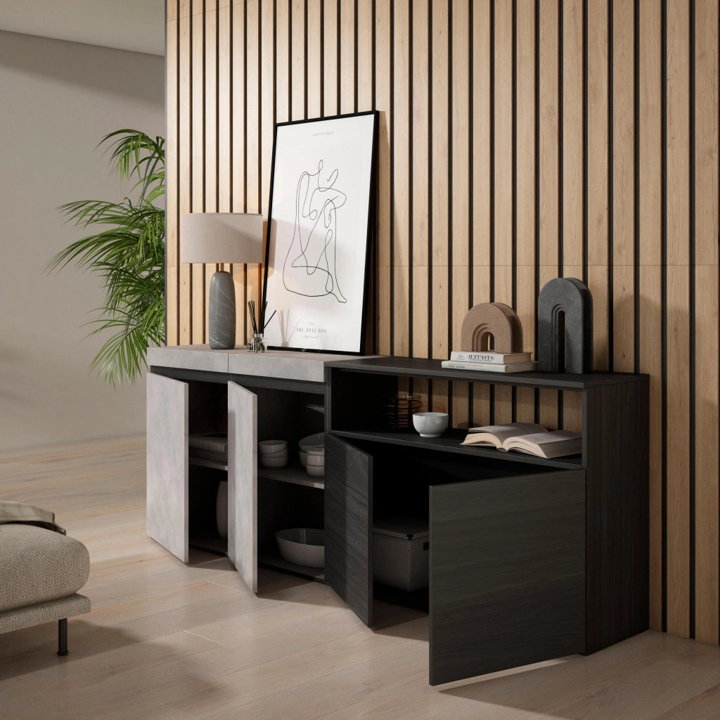 Credenza, Mobile, 200x35x75cm, 4 Porte, grande stoccaggio, grigio cemento RF2411