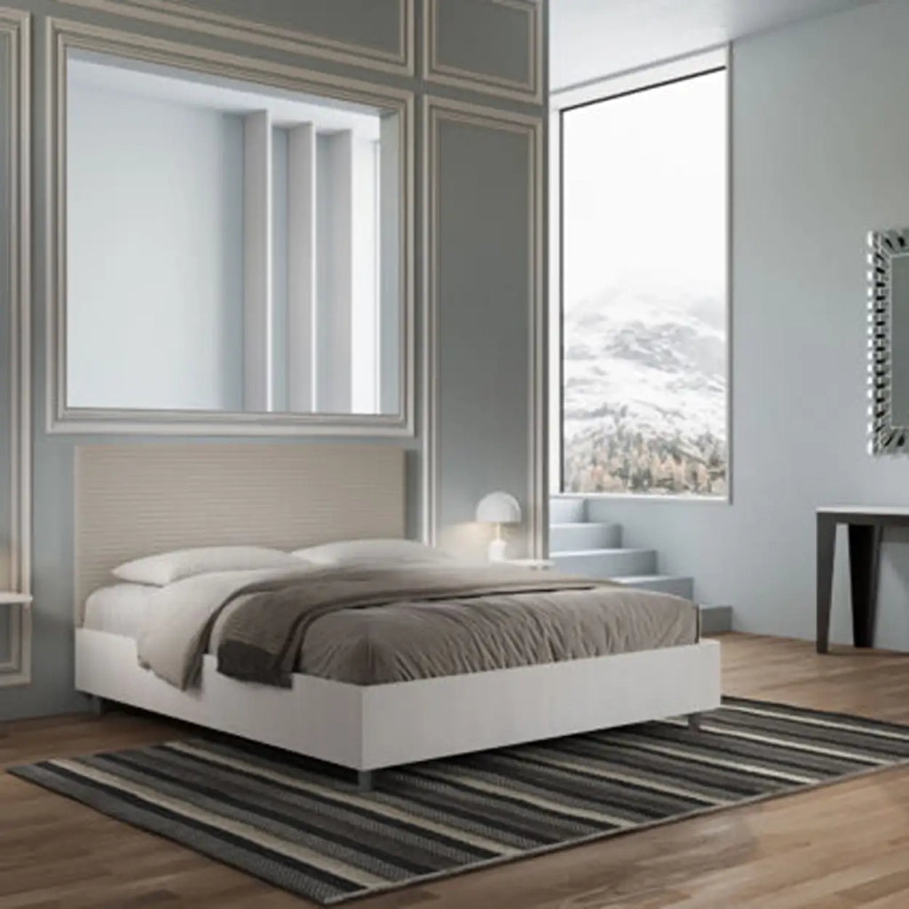 Letto matrimoniale contenitore doppia alzata 160x190 bianco frassino testata similpelle tortora Level