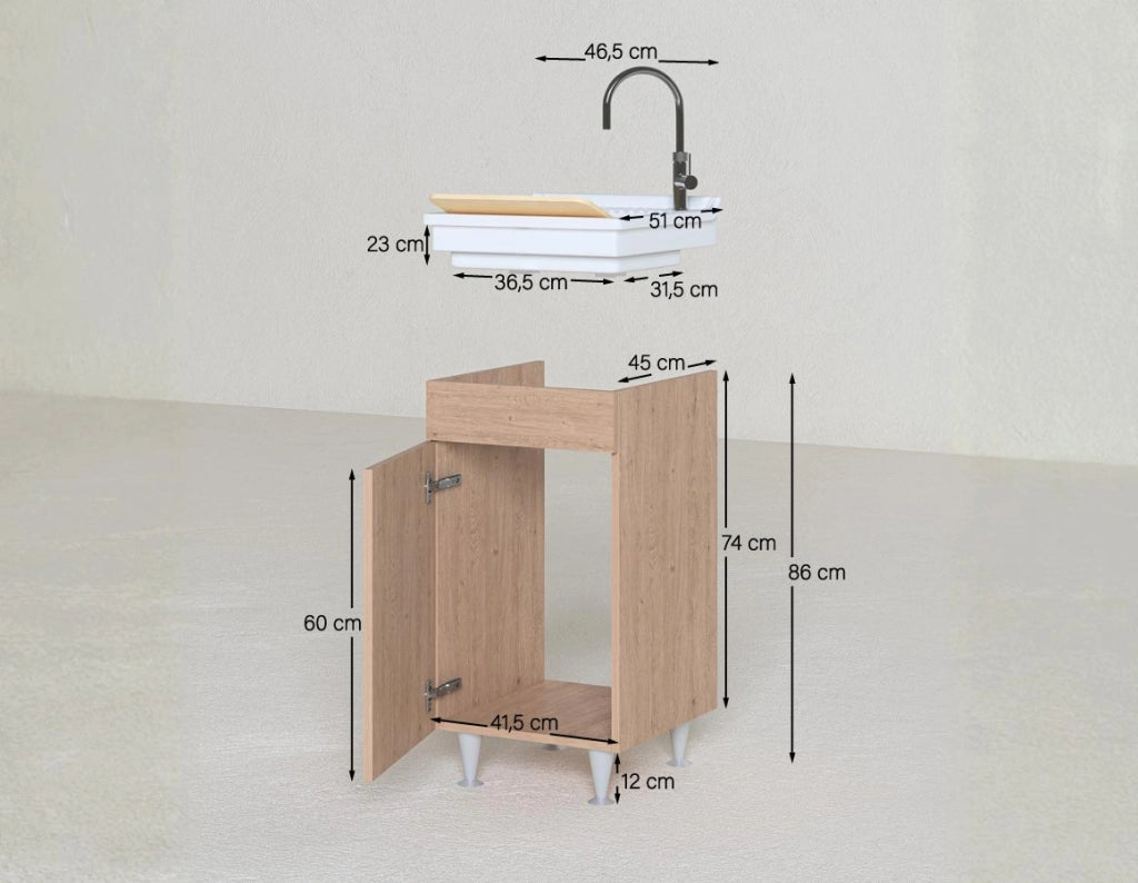 Mobile lavatoio Lina - Con 1 anta e lavatoio - Contenitore salvaspazio per bagno e lavanderia - Bianco - 46 x 89 x 51 cm_
