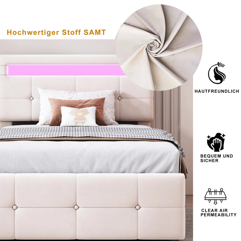OKWISH Letto Contenitore 90×200 cm, Letto Singolo con LED, Contenitore Idraulico e Testiera Regolabile, senza Materasso, in Velluto, Beige