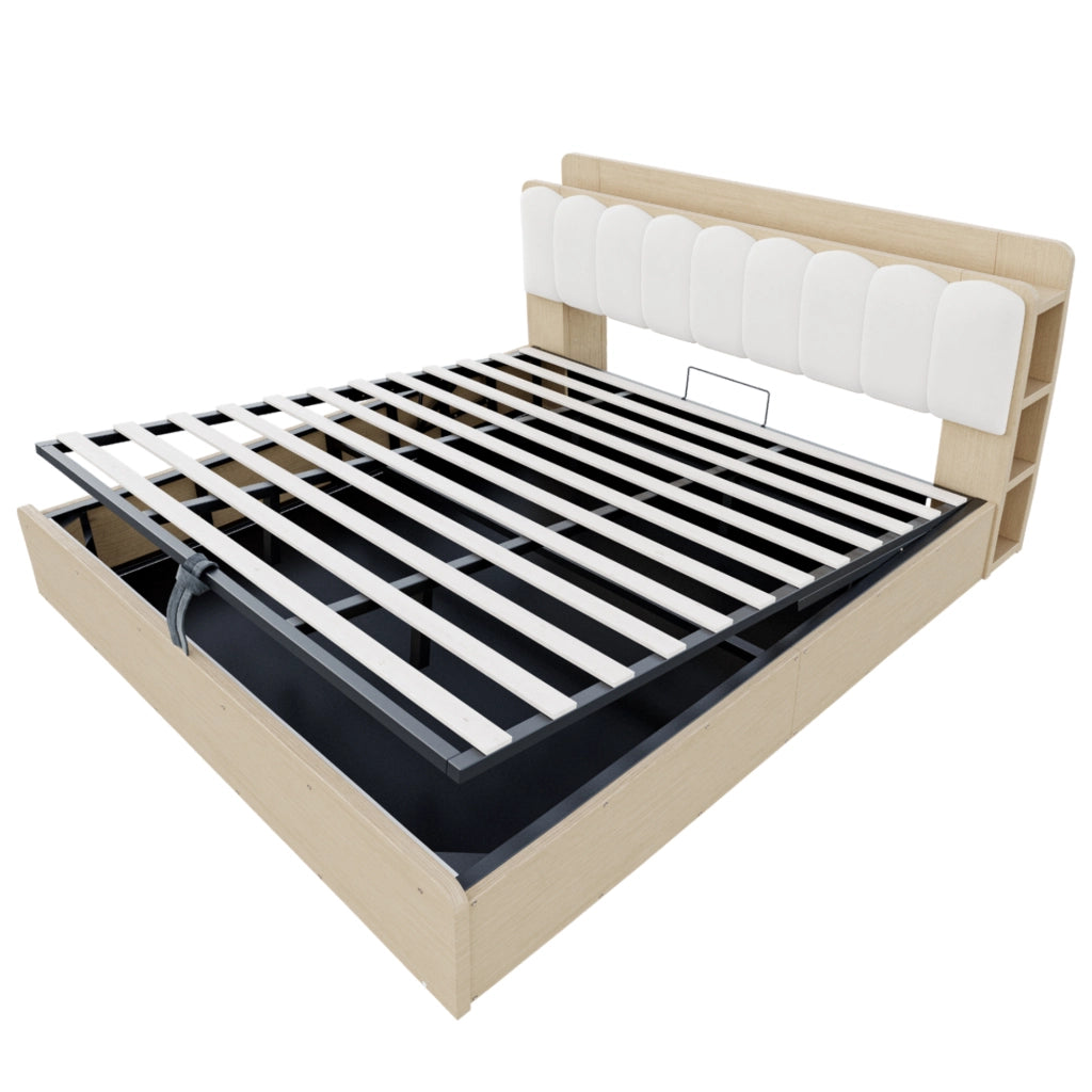 LETTO 180x200 cm in legno con contenitore idraulico, testiera imbottita, colore legno naturale
