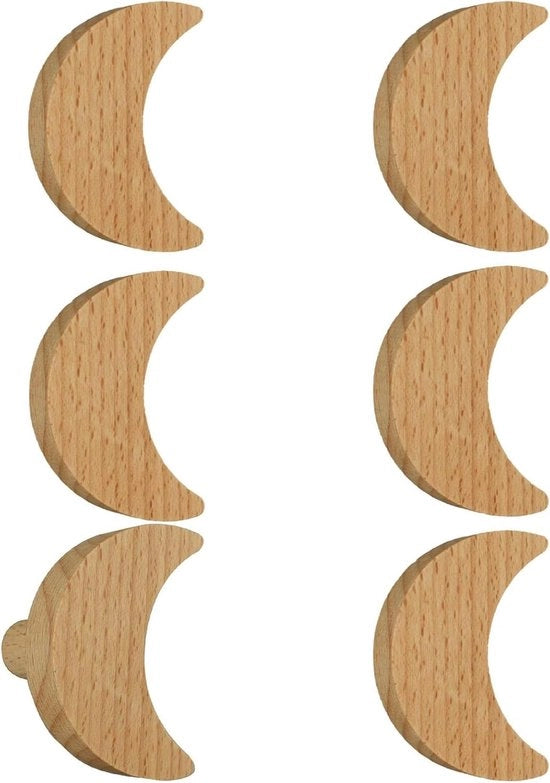 Set di 6 maniglie a forma di luna in legno di betulla - Maniglie in legno per cassetti - Incluso materiale di fissaggio