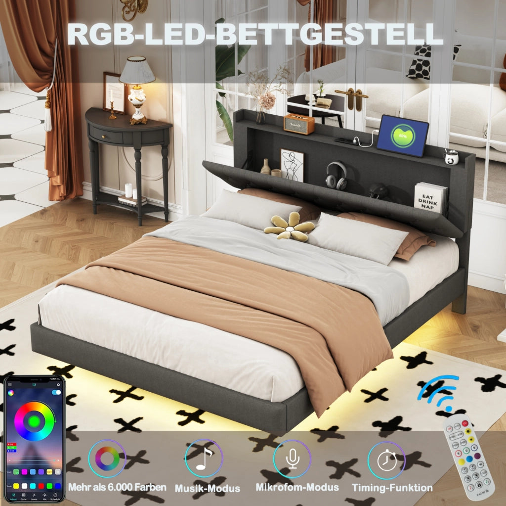 Letto imbottito matrimoniale 160x200 cm con LED a colori variabili; porta USB; contenitore; grigio