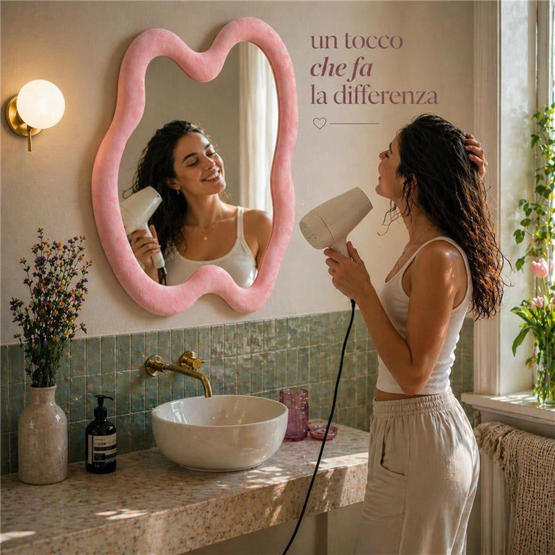 SPECCHIO ONDULATO IN VELLUTO CON GANCI PER APPENDERE DIMENSIONI 70X90X4.5CM - LINEA: CIELO COLORE ROSA