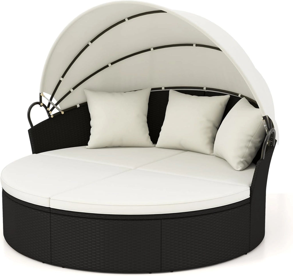 Letto da giardino esterno rotondo Ø187 cm in rattan PE con baldacchino retrattile, divano letto esterno per 2-3 persone, set salotto da giardino con cuscini(Beige)