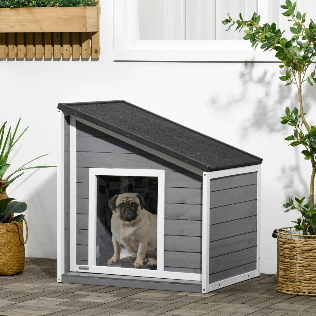 Cuccia per cani ¨C Minimal ¨C Legno massello, tetto in asfalto, 71x58x77 cm, grigio e bianco