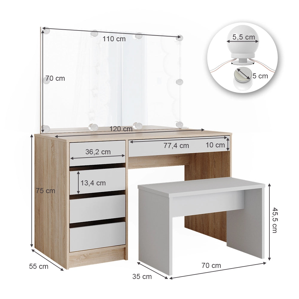 Vicco Tavolo da toeletta Bianco/Sonoma 120 cm con illuminazione a LED e panca