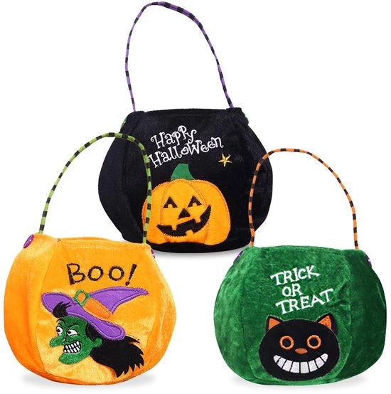 Sacchetti di dolciume Halloween - 3 pezzi - Sacchetti regalo - Zucca/Strega/Gatto - Maniglie per portare - Alta qualità velluto