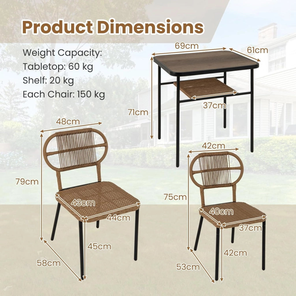 Tavolo e sedia da pranzo in rattan, salotto da giardino con tavolo a 2 livelli, 2 sedie in diverse dimensioni, design incassabile, per piccolo spazio, cucina, balcone, terrazza, naturale