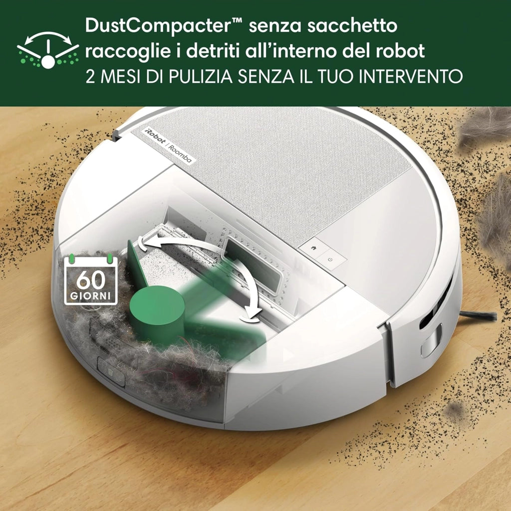 iRobot Roomba 205 DustCompactor Combo, Robot Aspirapolvere Lavapavimenti, Senza Sacchetto, Raccoglie e Compatta la Polvere, Navigazione LiDAR, Rileva Tappeti/Moquette, Controllo tramite App, Bianco