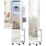 Specchio Porta Gioielli con Luci LED Armadio per Gioielli a Giro di 360° Serratura e Chiavi Superficie Bianca e Rivestimento Beige