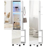 Specchio Porta Gioielli con Luci LED Armadio per Gioielli a Giro di 360° Serratura e Chiavi Superficie Bianca e Rivestimento Beige