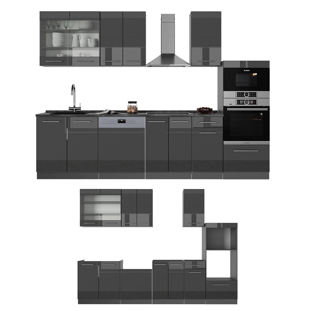 Vicco Cucina componibile Antracite lucido 300 cm con armadio alto, senza piano di lavoro
