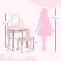 Tavolo per Trucco per Bambine 3-6 Anni con Sgabello, Cassetti e Specchio Coordinato in Acrilico, Rosa