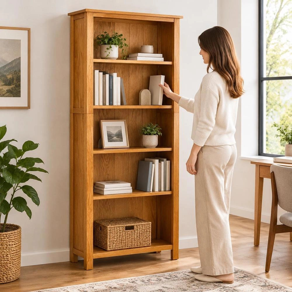Bookshelf With 5 Compartments, 70x22x140 Cm, Solid Oak Wood