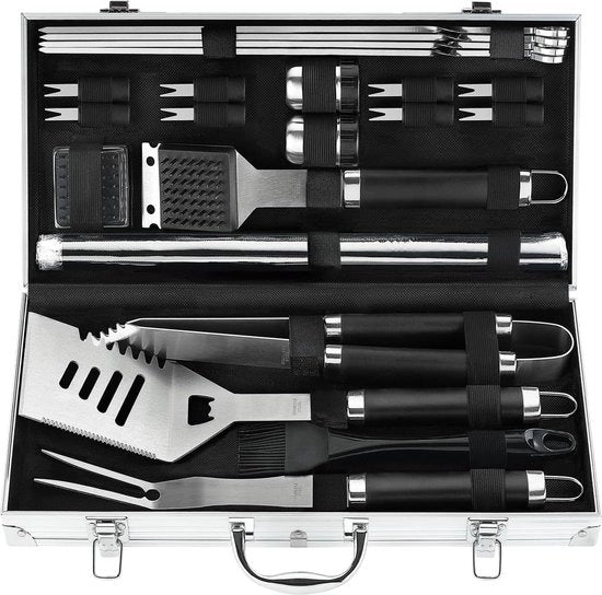 Set di Grillatura per Uomo e Donna - Attrezzatura BBQ in Acciaio Inossidabile con Tappeti BBQ - Set di Barbecue all'Aperto con Scatola di Ripostiglio per Camping - Regalo Ideale per Papà