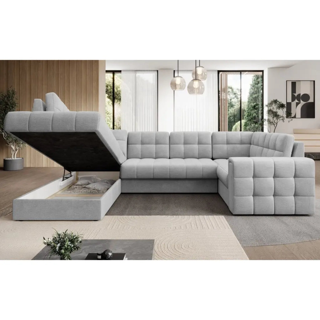 Divano angolare convertibile MONTEZA grigio sinistro 299 cm con contenitore e letto