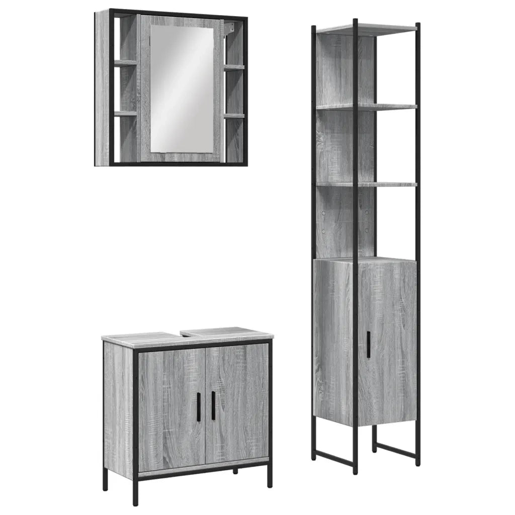 Set Mobili da Bagno | Armadio da bagno 3 pz Grigio Sonoma in Legno Multistrato