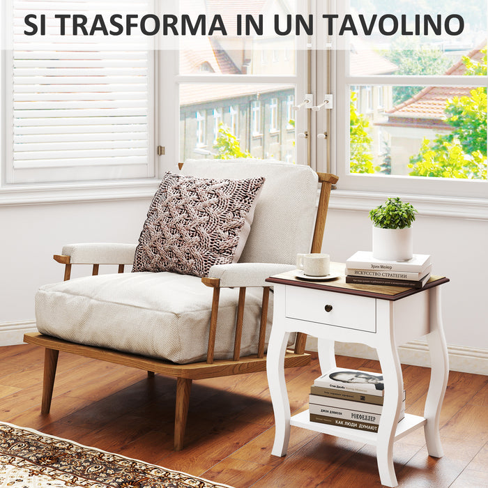 Comodino in Stile Francese con Cassetto 45x35x55 cm in MDF Bianco e Rovere