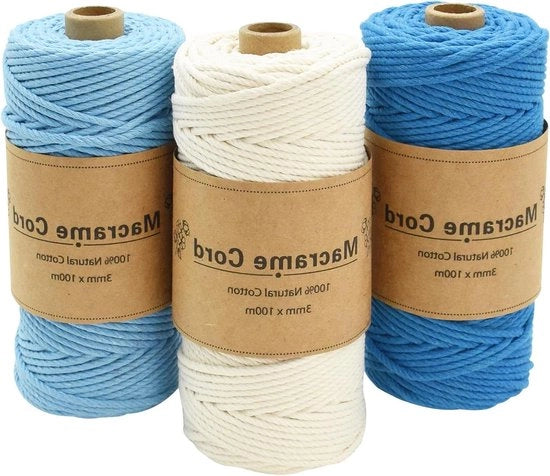 Set di avvio per macramé da fai da te per decorazione e artigianato - 3 pezzi x 100 m - blu - per macramé, tessitura e hanger per piante