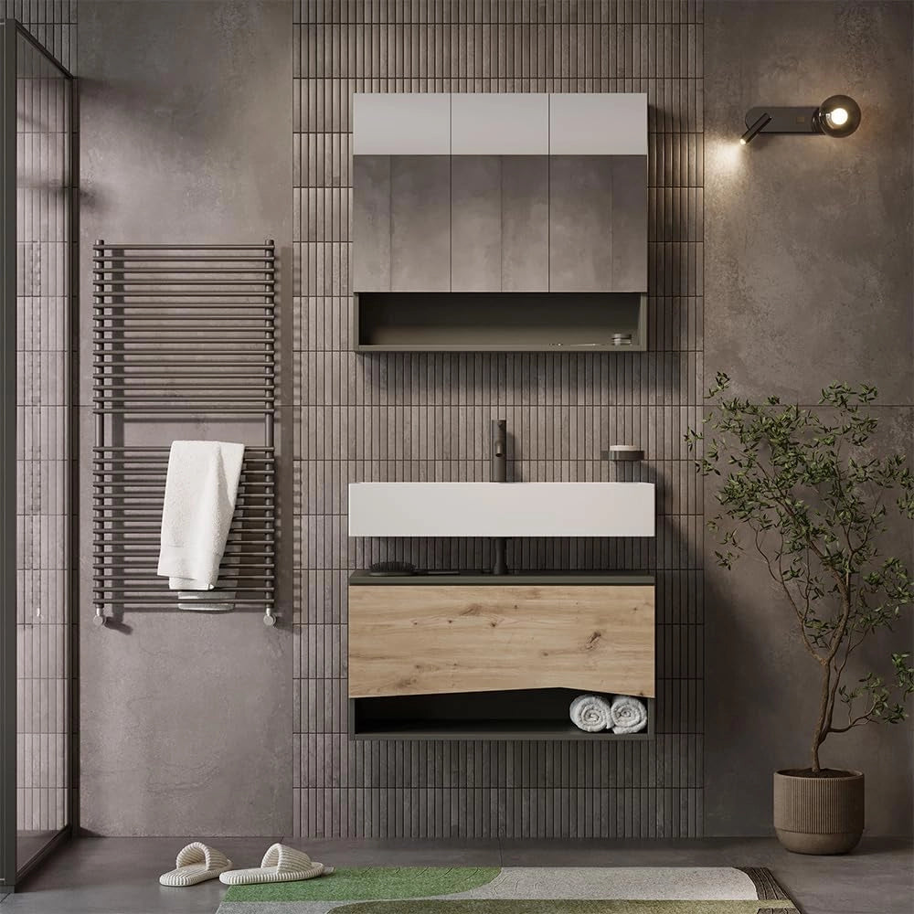 Set di mobili da bagno Willow, Artigiano, 80 cm, composto da specchio da bagno e mobile sottolavabo