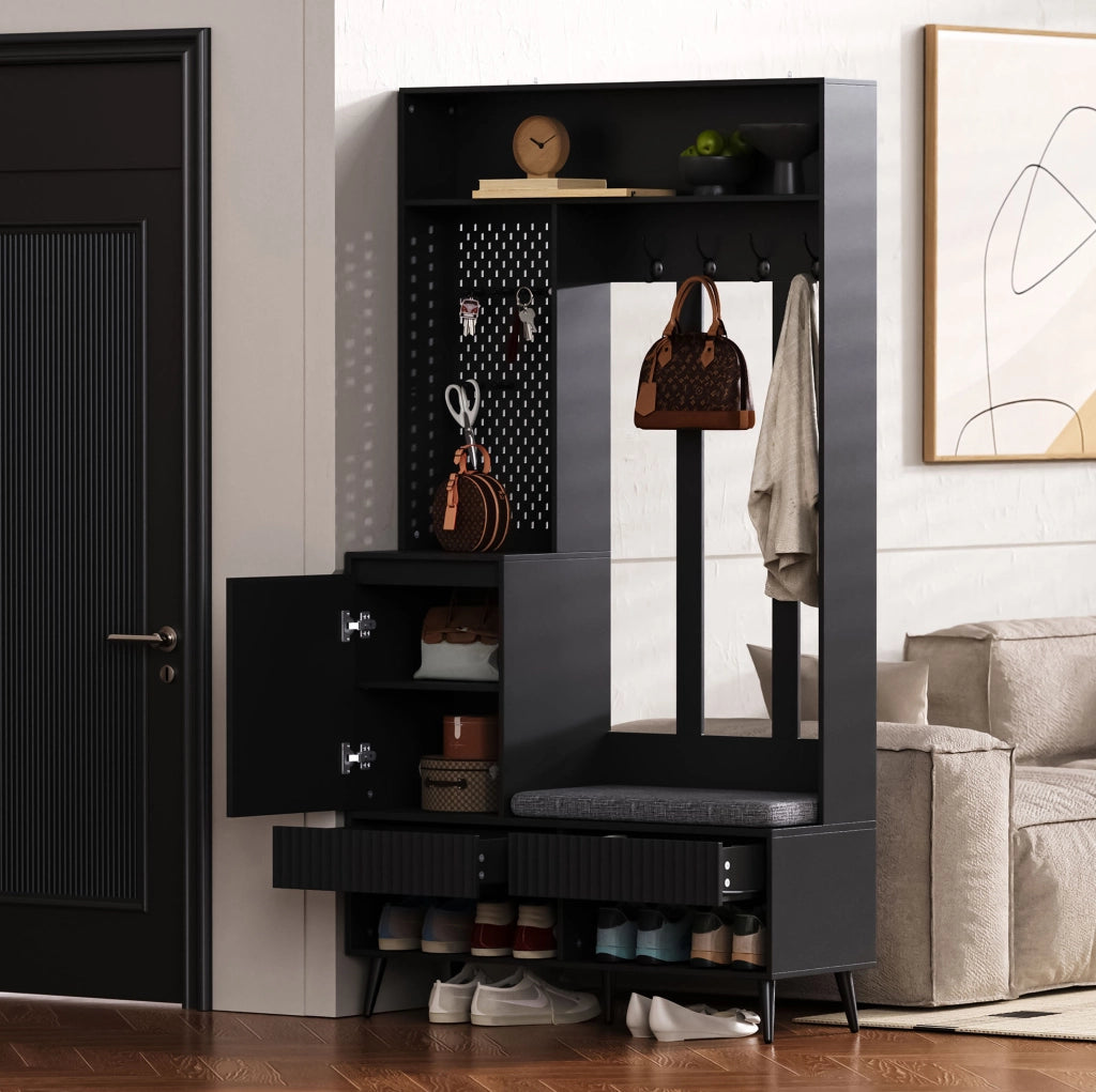 Mobile ingresso con panca; 4 ganci; 2 cassetti e vano contenitore; 100x35x180 cm; nero