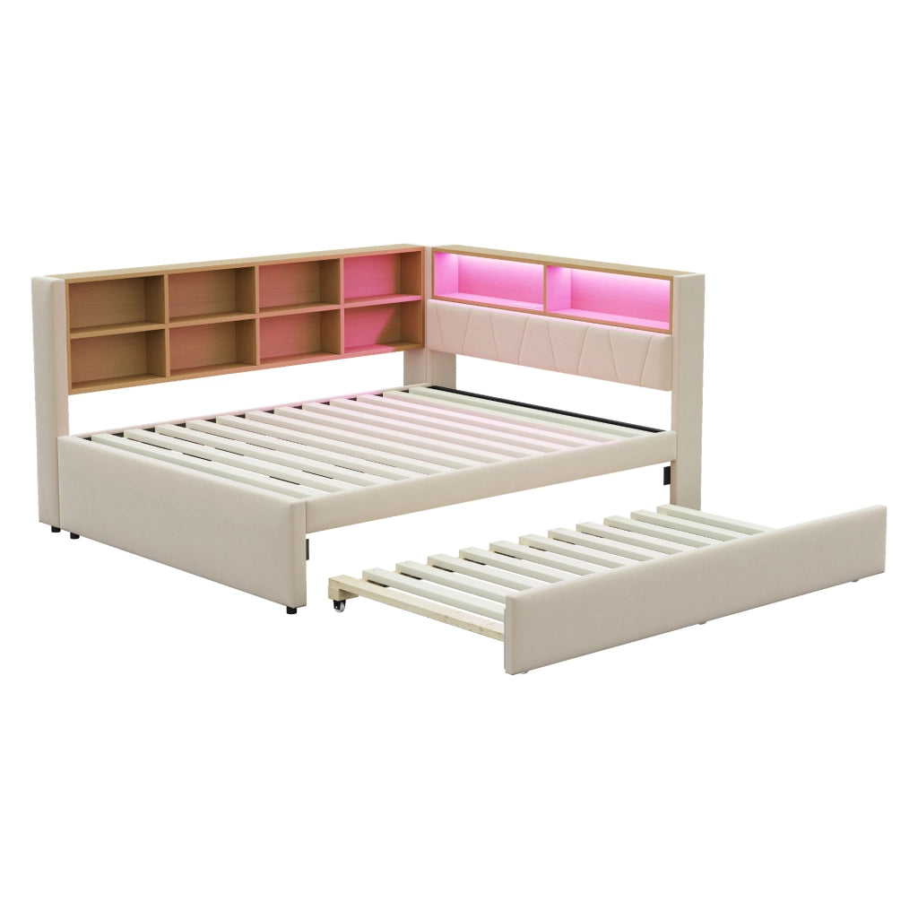 Letto estraibile matrimoniale 140×200 cm e 90×190 cm con LED; USB; Type-C e vani portaoggetti; senza materasso; beige