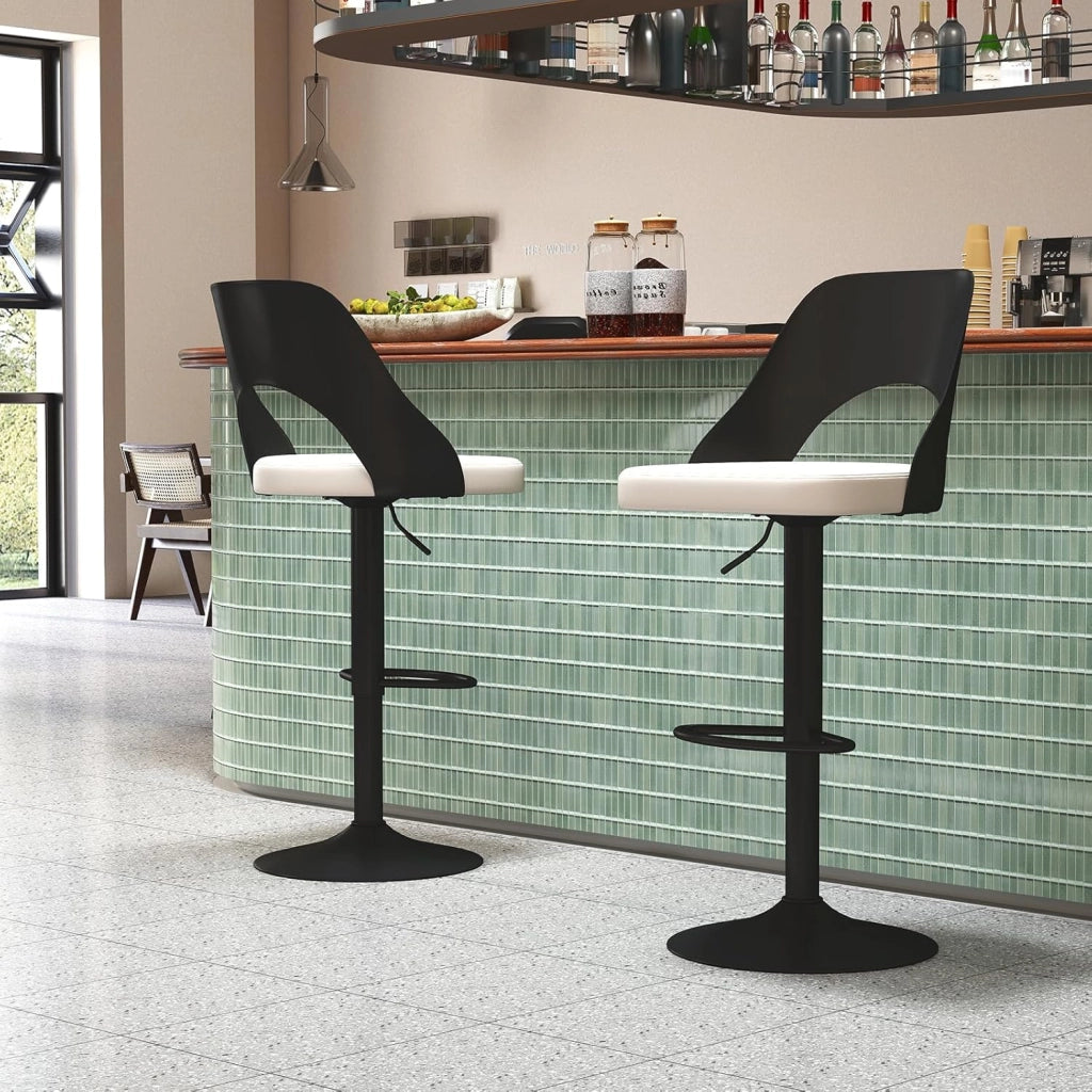 2 Sgabelli Girevoli da Bar Alta 91-111 cm, Set di Sgabelli con Seduta in Ecopelle, Poggiapiedi e Struttura in Metallo, Sedie per Cucina e Bistrò (Nero)