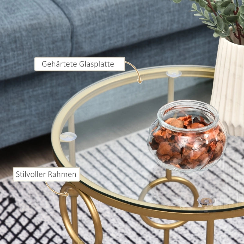 Tavolo da pranzo - set 2 tavolini - piano in vetro - design ruota e sfera - Ø41x57 cm - oro