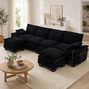 Divano modulare 4 posti con 2 pouf; USB-C; in corduroy nero; 330x132x84 cm