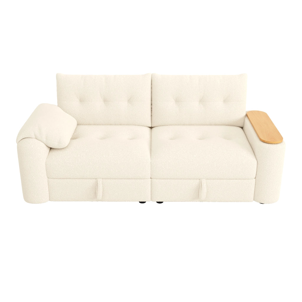 Divano modulare 2-3 posti in teddy, con contenitore, tavolino integrato e poggiatesta, Beige