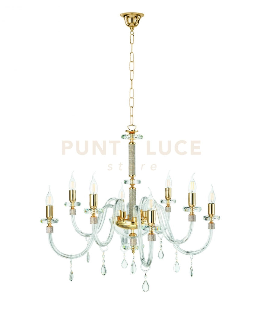 LAMPADARIO DIDO 8 LUCI CRISTALLO E ORO ATTACCO E14 D.83CM