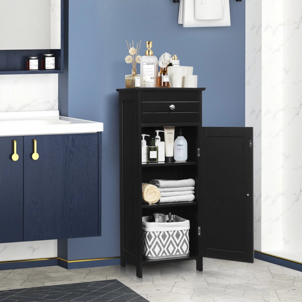 Armadio del bagno con anta singolae e 2 mensole regolabili, Organizer verticale per bagno e salone Nero