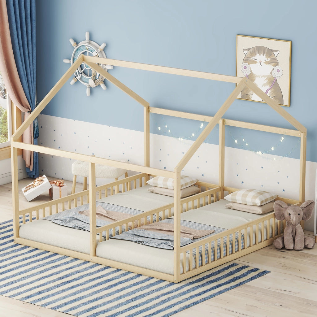 OKWISH Letto a casetta 90×200 cm, Letto 2 Posti con Sponde di Sicurezza e Separatore Centrale, senza Materasso, in Pino, Naturale