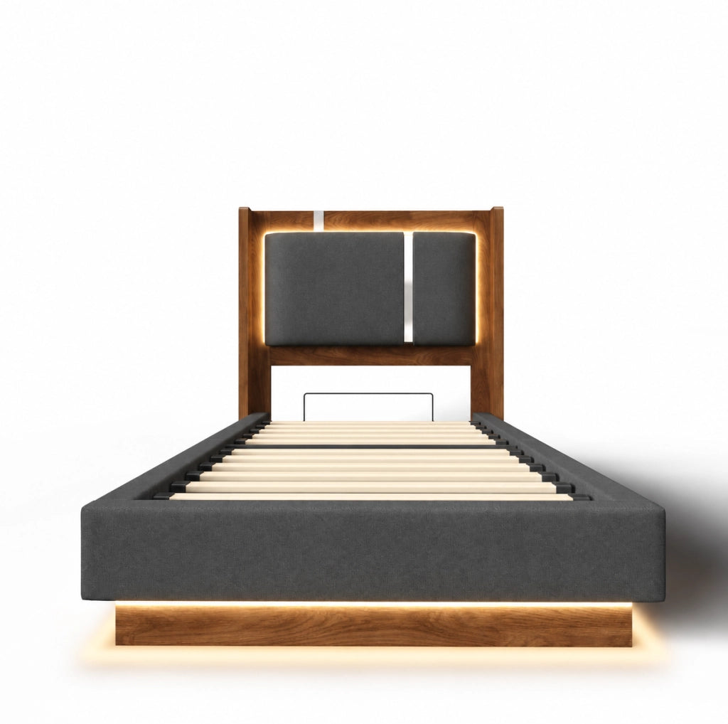 Letto singolo 90x200 cm con LED; contenitore idraulico e testiera imbottita in lino; grigio