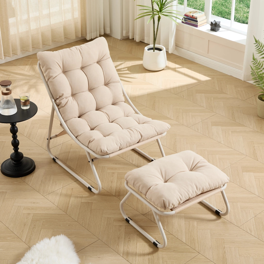 Sedia da patio esterna con pouf poltrona reclinabile comoda con cuscino e gambe perfetta per soggiorno camera da letto sala lettura telaio beige con cuscino beige