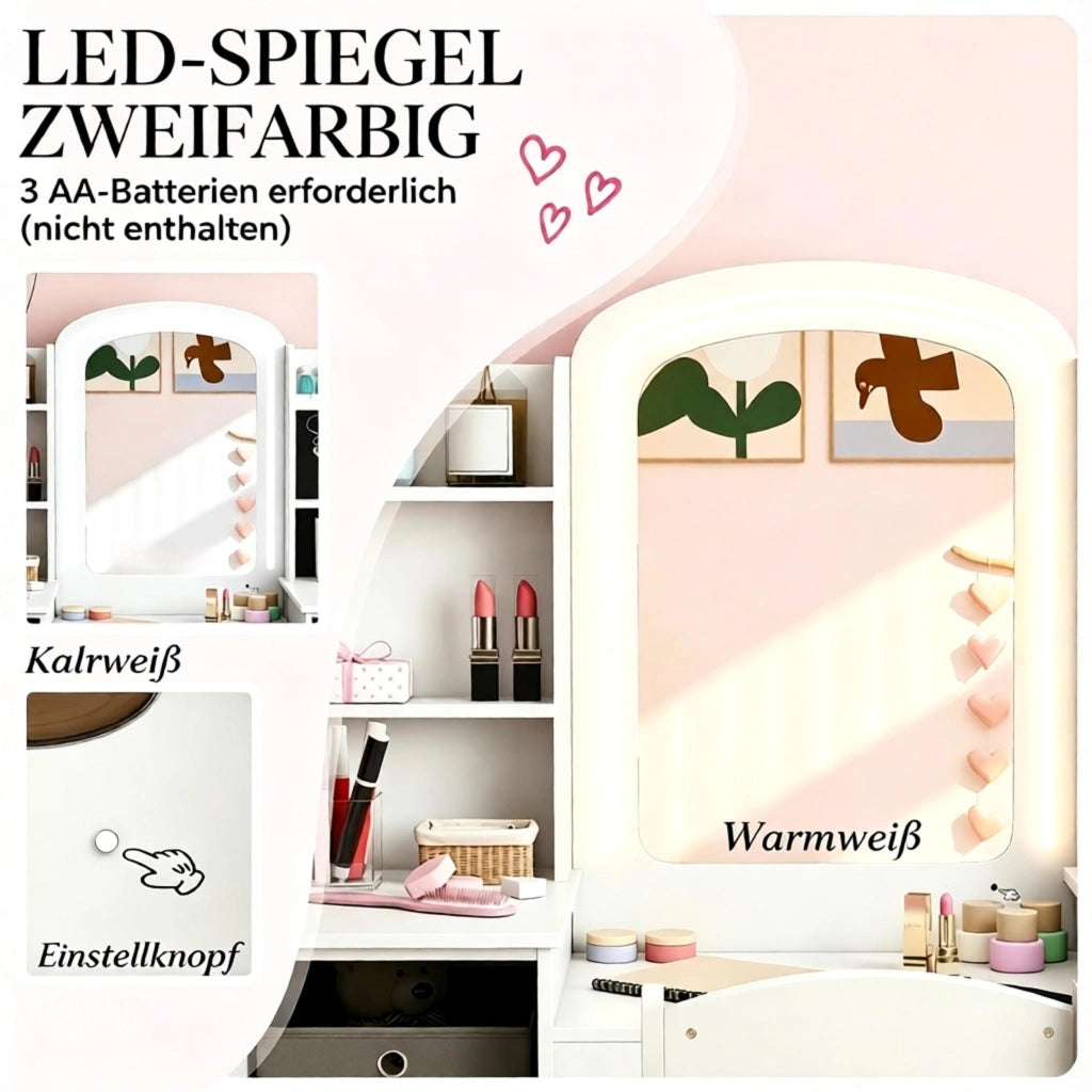 Tavolo da toeletta per bambini 3–8 anni con sgabello e specchio LED