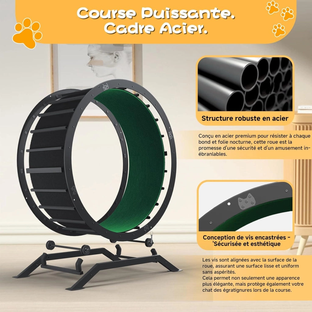 Ruota per gatti, ruota per esercizi per gatti, XL- 100 cm, ultra silenziosa con tappetino rimovibile, adesivi, sistema di bloccaggio, metallo, verde, regali per il vostro gatto