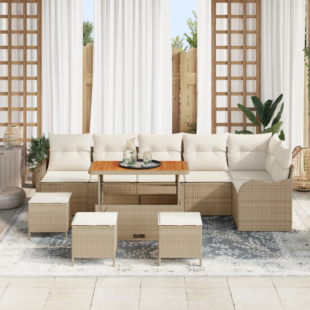 Set Divano da Giardino da 10 Pezzi con Cuscini Rattan Beige Acacia